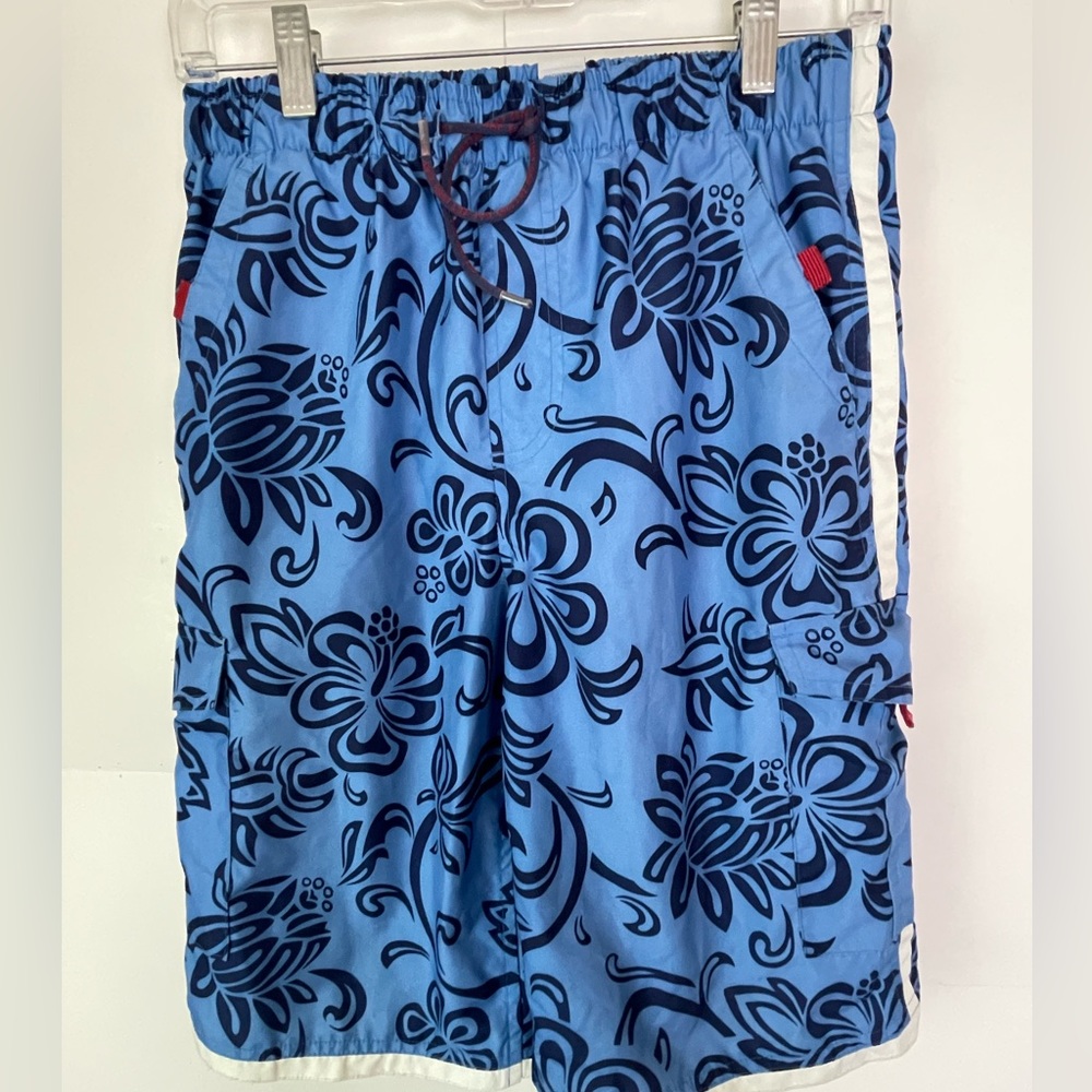 Mens Gap XL Board Shorts Blue Hawaiian Floral Tie Waist
